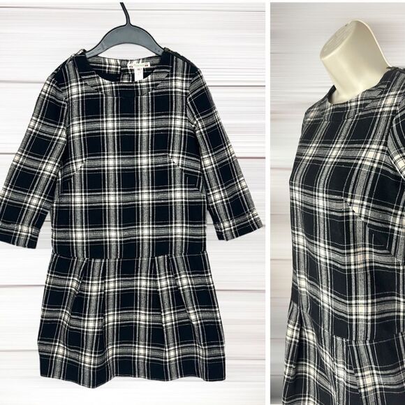 BONPOINT Cotton Black Cream Plaid Mini Dress Tunic Pleated Skirt  size XS - Picture 1 of 16